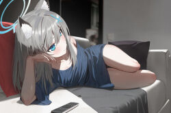 Rule 34 | 1girl, absurdres, animal ears, bare legs, blue archive, blue eyes, blush, breasts, collarbone, controller, extra ears, grey hair, hair ornament, highres, long hair, lying, mr-shin, on side, phone, remote control, ribbon, shiroko (blue archive), small breasts, solo, wolf ears