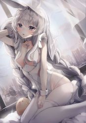Rule 34 | 1girl, animal ear fluff, animal ears, azur lane, bare arms, braid, breasts, choker, cityscape, collarbone, curtains, grey eyes, hand in own hair, hand on lap, highres, indoors, le malin (azur lane), le malin (listless lapin) (azur lane), leotard, light particles, long hair, looking at viewer, medium breasts, open mouth, rabbit ears, silver hair, sitting, sky, sleeveless, solo, stuffed toy, twin braids, unwoo770122, very long hair, wariza, white choker, white legwear, white leotard, window, wrist cuffs