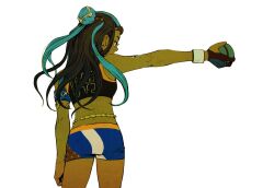 Rule 34 | 1girl, arm at side, arm tattoo, black hair, black tank top, blue hair, blue shorts, creatures (company), crop top, dark-skinned female, dark skin, earrings, eyelashes, from behind, game freak, holding, holding poke ball, hoop earrings, jewelry, long hair, long sleeves, looking to the side, multicolored hair, nessa (pokemon), ngy09, nintendo, outstretched arm, poke ball, pokemon, pokemon swsh, shorts, solo, tank top, tattoo