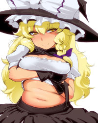 Rule 34 | 1girl, bad id, bad pixiv id, belly, blonde hair, braid, breasts, clothes lift, female focus, gloves, hat, hyudora, kirisame marisa, long hair, medium breasts, plump, shirt lift, smile, solo, touhou, witch hat, yellow eyes