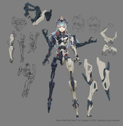 Rule 34 | 1girl, android, blue hair, character sheet, commentary, commentary request, english commentary, extra arms, full body, grey background, highres, joints, light smile, lineart, long hair, mechanical parts, mixed-language commentary, original, piston, purple eyes, robot joints, simple background, solo, ushas, very long hair
