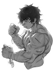 Rule 34 | 1boy, bandaged arm, bandages, clenched hands, eigaka, from side, grappler baki, greyscale, hanma baki, highres, male focus, monochrome, muscular, muscular male, pectorals, profile, scar, scar on arm, scar on shoulder, solo, topless male