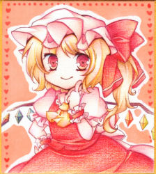 Rule 34 | 1girl, ascot, bad id, bad pixiv id, blonde hair, blush, bow, crystal, female focus, flandre scarlet, hat, hat bow, lowres, puffy sleeves, red eyes, sanotsuki, shikishi, short hair, short sleeves, side ponytail, smile, solo, touhou, traditional media, wings, wrist cuffs