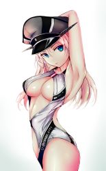 Rule 34 | 10s, 1girl, alternate costume, armpits, arms up, arrow (projectile), back cutout, bad id, bad pixiv id, bismarck (kancolle), black hat, blonde hair, blue eyes, breasts, cleavage, clothes writing, clothing cutout, competition swimsuit, cowboy shot, eyelashes, franz (217franz), from side, gradient background, hair between eyes, hat, highres, kantai collection, long hair, looking at viewer, one-piece swimsuit, parted lips, peaked cap, pink lips, shiny skin, sideboob, solo, spikes, swimsuit, twitter username, white one-piece swimsuit