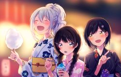 Rule 34 | 3girls, :d, ^ ^, animal print, black hair, black kimono, blurry, blurry background, blush, braid, brown eyes, closed eyes, commentary request, cotton candy, depth of field, drinking straw, floral print, food, fuji fujino, hair between eyes, hair ornament, hairclip, high ponytail, higuchi kaede, holding, holding drinking straw, holding food, japanese clothes, kimono, long hair, long sleeves, looking at viewer, low twintails, mole, mole under eye, morning glory print, multiple girls, night, nijisanji, obi, open mouth, outdoors, pink kimono, ponytail, print kimono, purple eyes, rabbit print, sash, shaved ice, shizuka rin, silver hair, smile, summer festival, tsukino mito, twin braids, twintails, virtual youtuber, water yoyo, white kimono, wide sleeves