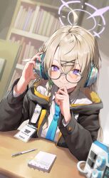 Rule 34 | 1girl, black-framed eyewear, black cola, black jacket, blonde hair, blue archive, blue eyes, blurry, blurry background, blush, book, bookshelf, buttoned cuffs, buttons, closed mouth, glasses, hair between eyes, hair ornament, hairclip, halo, hand up, headphones, highres, indoors, jacket, kotama (blue archive), long hair, long sleeves, looking at viewer, notebook, open clothes, open jacket, pen, purple eyes, semi-rimless eyewear, shirt, sitting, smile, solo, table, upper body, white shirt