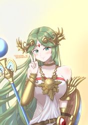 Rule 34 | 1girl, absurdres, ancient greek clothes, armlet, bare shoulders, breasts, chiton, dress, forehead jewel, gold, green eyes, green hair, highres, jewelry, kid icarus, large breasts, laurel crown, long hair, neck ring, necklace, nintendo, palutena, parted bangs, pendant, shield, solo, staff, strapless, strapless dress, super smash bros., taro (peach taro51), vambraces, very long hair, white dress