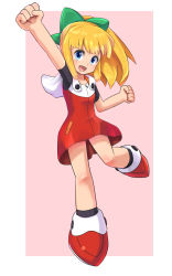 Rule 34 | 1girl, blonde hair, blue eyes, blush, border, bow, child, clenched hands, commentary request, full body, green bow, hair bow, hair ornament, high ponytail, highres, hood, hood down, hooded dress, leg up, long hair, mega man (classic), mega man (series), mega man 11, ni-jo, open mouth, pink background, ponytail, red footwear, roll (mega man), smile, solo, white border