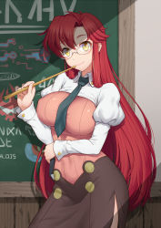 Rule 34 | 1girl, alternate costume, anarchojs, bespectacled, between breasts, breasts, chalkboard, commentary request, covered erect nipples, cowboy shot, glasses, highres, impossible clothes, indoors, juliet sleeves, large breasts, long hair, long skirt, long sleeves, looking at viewer, necktie, necktie between breasts, pencil skirt, pointer, ponytail, puffy sleeves, red hair, shirt, side slit, skirt, smile, solo, teacher, tengen toppa gurren lagann, very long hair, yellow eyes, yoko littner, yomako