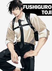 Rule 34 | 1boy, absurdres, belt, black belt, black hair, black necktie, black pants, character name, chest strap, collared shirt, ear piercing, foot out of frame, fushiguro touji, green eyes, hair between eyes, highres, jujutsu kaisen, looking at viewer, male focus, necktie, open mouth, pants, piercing, scar, scar on face, scar on mouth, shirt, solo, teeth, tune oekk, white background, white shirt