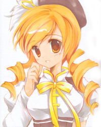 Rule 34 | 10s, 1girl, beret, blonde hair, breasts, detached sleeves, drill hair, fingerless gloves, gloves, hair ornament, hat, magical girl, mahou shoujo madoka magica, mahou shoujo madoka magica (anime), medium breasts, puffy sleeves, solo, tomoe mami, traditional media, winter2009