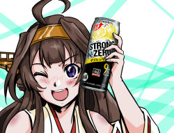 Rule 34 | 1girl, ahoge, bare shoulders, brown hair, can to cheek, detached sleeves, double bun, hairband, headgear, kantai collection, kongou (kancolle), long hair, looking at viewer, one eye closed, open mouth, purple eyes, round teeth, smile, solo, strong zero, taka two, teeth, upper body, upper teeth only