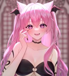 Rule 34 | 1girl, ahoge, animal ear fluff, animal ears, arm tattoo, artist name, bare arms, bat wings, black bra, black choker, black nails, blurry, blurry background, blush, bra, breasts, cat ears, character request, choker, clothing cutout, collarbone, commentary, commission, deviantart username, eloru, english commentary, eyelashes, eyeshadow, fangs, fingernails, hand up, head wings, heart, heart cutout, heart in eye, highres, indie virtual youtuber, indoors, lace, lace choker, large breasts, long hair, looking at viewer, makeup, nail polish, open mouth, pink eyes, pink eyeshadow, pink hair, sharp fingernails, slit pupils, smile, solo, symbol in eye, tattoo, two side up, underboob, underwear, upper body, very long hair, virtual youtuber, watermark, window, wings