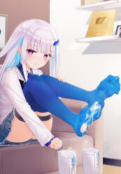 Rule 34 | 1girl, ass, blue hair, blue skirt, blue theme, blue thighhighs, blunt bangs, blush, boots, closed mouth, couch, cum, cum on body, cum on clothes, cum on feet, cumdrip, feet, foot focus, full body, hair ornament, hand on own leg, highres, indoors, jacket, knee boots, knees to chest, knees together feet apart, kou futoshi, legs, light purple hair, lize helesta, lize helesta (1st costume), long sleeves, looking at viewer, miniskirt, multicolored hair, nijisanji, no shoes, pleated skirt, purple eyes, sitting, skirt, smell, soles, solo, spread toes, steaming body, streaked hair, thighhighs, thighs, toes, torn clothes, torn thighhighs, unworn boots, virtual youtuber, white footwear, white jacket, youtube logo