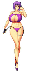 Rule 34 | 1girl, ameoto, ayane (doa), bare shoulders, bikini, breasts, cleavage, collarbone, curvy, dead or alive, feet, fingerless gloves, full body, gloves, headband, highres, hip focus, huge breasts, knife, legs, looking at viewer, navel, purple hair, red eyes, serious, shoes, short hair, simple background, solo, standing, swimsuit, thighs, thong, weapon, white background