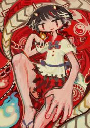 Rule 34 | 1girl, abstract, arrow (projectile), bad id, bad twitter id, bare legs, black hair, blue fire, fang, fire, highres, hito (nito563), kijin seija, large hand, leg up, looking at viewer, multicolored hair, open mouth, red eyes, red theme, sandals, shirt, short hair, short sleeves, skirt, smile, solo, streaked hair, touhou, white shirt, yin yang