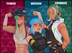 Rule 34 | 3girls, ;), abs, arm tattoo, arms up, bandages, black gloves, black shirt, blue hair, blue headwear, bridal gauntlets, cabbie hat, chest sarashi, commentary, dark skin, elbow gloves, fingerless gloves, gloves, green eyes, green hair, hand on own hip, hat, heterochromia, highres, inkling, inkling player character, long hair, luft (luft sch), manly, midriff, multiple girls, nintendo, one eye closed, orange eyes, pointy ears, sarashi, shirt, sleeveless, sleeveless shirt, smile, splatoon (series), stomach, strapless, tattoo, the legend of zelda, tube top, upper body, wrist wrap
