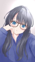 Rule 34 | 1girl, :t, absurdres, black hair, blue eyes, blue shirt, blurry, blush, brown-framed eyewear, closed mouth, commentary, glasses, hand on own cheek, hand on own face, highres, link! like! love live!, long hair, long sleeves, looking at viewer, love live!, mole, mole on neck, murano sayaka, selfie, shirt, solo, split mouth, upper body, virtual youtuber, white background, yutuki ame