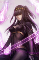 Rule 34 | 1girl, black hair, bodysuit, bridal gauntlets, circlet, fire, fire emblem, fire emblem awakening, highres, hime cut, jewelry, lips, long hair, looking at viewer, lots of jewelry, magic circle, nintendo, noa ikeda, purple eyes, purple fire, smile, solo, tharja (fire emblem), two side up