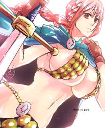 Rule 34 | 1girl, armor, artist request, bare legs, bikini armor, braid, breasts, cape, curvy, female focus, large breasts, long hair, looking at viewer, one piece, pink hair, rebecca (one piece), shiny skin, solo