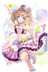 Rule 34 | 1girl, :d, belt, blue eyes, bow, brown hair, cherrypin, circle skirt, frilled skirt, frills, hair bow, hair ornament, heart, heart hands, highres, irene (soccer spirits), looking at viewer, midriff, navel, official art, open mouth, petals, skirt, smile, soccer spirits, socks, solo, standing, standing on one leg, striped clothes, striped skirt, transparent background, white socks, wrist cuffs