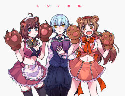 Rule 34 | 3girls, ahoge, angela (project moon), animal hands, black pantyhose, black thighhighs, blue hair, blue skirt, blue vest, blush, cropped jacket, dress, frilled skirt, frills, gloves, hair ornament, hairclip, hod (project moon), jacket, library of ruina, long hair, long sleeves, maid headdress, malkuth (project moon), multiple girls, pantyhose, paw gloves, pink dress, pink jacket, pink shirt, project moon, shirt, short hair, sidelocks, simple background, skirt, thighhighs, very long hair, vest, white background, white shirt, yono neie