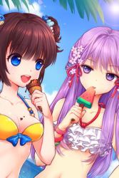 Rule 34 | 2girls, :d, beach, bikini, blue eyes, blunt bangs, bow, breasts, brown hair, cleavage, cygnus (sword girls), day, flat chest, flower, food, frills, ice cream, long hair, lowres, multiple girls, open mouth, pintail (sword girls), popsicle, purple eyes, purple hair, ribbon, short twintails, small breasts, smile, swimsuit, sword girls, twintails, watermelon bar