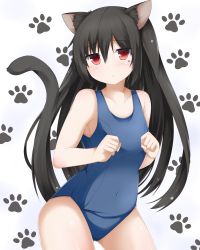 Rule 34 | 1girl, animal ears, bad id, bad pixiv id, black hair, cat ears, cat tail, highres, iroba, long hair, one-piece swimsuit, original, red eyes, school swimsuit, solo, swimsuit, tail