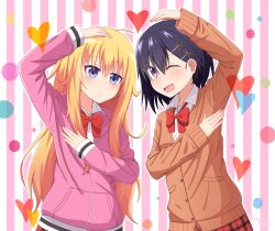 Rule 34 | 10s, 2girls, ahoge, arm up, bad id, bad pixiv id, black hair, blonde hair, blue eyes, blush, bow, bowtie, cardigan, dotted background, expressionless, gabriel dropout, hair ornament, heart, heart arms duo, highres, hood, hoodie, long hair, long sleeves, messy hair, multiple girls, nyaroon, one eye closed, open mouth, pink cardigan, purple eyes, school uniform, smile, striped, striped background, gabriel tenma white, vignette tsukinose april, x hair ornament