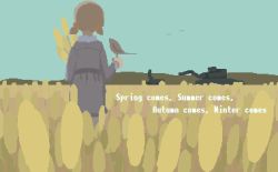 Rule 34 | 1girl, animated, animated gif, bird, bird on hand, brown hair, cattail, day, english text, female focus, field, from behind, looping animation, original, outdoors, peco-pech, pixel art, plant, short twintails, skirt, solo, tractor, twintails, wind
