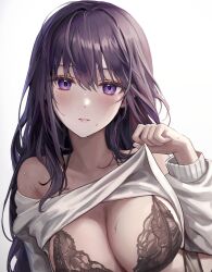 Rule 34 | 1girl, absurdres, aibek, bad id, bad twitter id, bare shoulders, black bra, black panties, blush, bra, breasts, cleavage, clothes lift, commentary, english commentary, genshin impact, hair between eyes, halterneck, hand up, highres, holding, large breasts, lifted by self, long hair, long sleeves, mole, mole under eye, off-shoulder sweater, off shoulder, panties, parted lips, purple eyes, purple hair, raiden shogun, sidelocks, simple background, solo, sweat, sweater, sweater lift, underwear, unfinished, upper body, wet, white background, white sweater