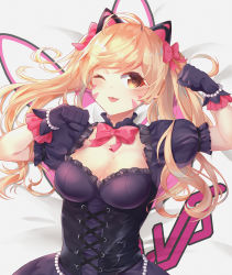 Rule 34 | 1girl, absurdres, ahoge, animal ears, bead bracelet, beads, black cat d.va, black dress, black gloves, blonde hair, bow, bowtie, bracelet, breasts, brown eyes, cat ears, character name, cleavage, clenched hands, corset, d.va (overwatch), dress, earrings, emblem, facepaint, facial mark, frilled dress, frills, gloves, hair bow, heart, heart earrings, highres, huge filesize, jewelry, lolita fashion, looking at viewer, lying, medium breasts, official alternate costume, on back, on bed, one eye closed, overwatch, overwatch 1, pearl bracelet, pink bow, pink lips, puffy short sleeves, puffy sleeves, short sleeves, solo, tongue, tongue out, twintails, upper body, whisker markings, white background, yeoru