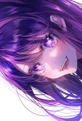 Rule 34 | 1girl, blush, hair between eyes, highres, hoshino ai (oshi no ko), long hair, looking at viewer, open mouth, oshi no ko, pinapo 25, portrait, purple eyes, purple hair, sideways, simple background, smile, solo, star-shaped pupils, star (symbol), star in eye, symbol-shaped pupils, symbol in eye, teeth, white background