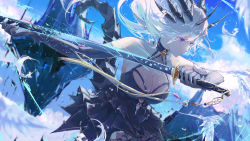 Rule 34 | 1girl, bird, black choker, black dress, blue eyes, blue sky, borrowed character, breasts, choker, cleavage, commission, dress, elbow gloves, feathers, fighting stance, fuunyon, gloves, highres, holding, holding sword, holding weapon, horns, katana, lock, long hair, parted lips, phantasy star, phantasy star online 2, skeb commission, sky, solo, sword, tail, weapon, white bird, white gloves, white hair