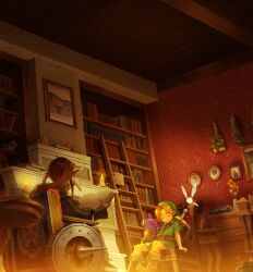 Rule 34 | 1boy, 1girl, absurdres, animal print, anju&#039;s grandmother, belt, blonde hair, book, bookshelf, boots, brown footwear, brown hair, candle, chest of drawers, closed eyes, commentary, cup, drawing (object), fairy wings, fire, flower, green tunic, highres, holding, holding book, indoors, ladder, link, nintendo, nshi, open book, pillow, pointy ears, reading, saucer, shield, shield on back, short sleeves, sitting, sword, tatl, teacup, the legend of zelda, the legend of zelda: majora&#039;s mask, tiger print, vase, weapon, wheelchair, wings, young link