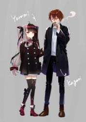 Rule 34 | 1boy, 1girl, ahoge, black coat, black hair, black pants, blush, boots, bow, brown footwear, brown hair, clothes grab, coat, cup, disposable cup, full body, hair between eyes, hair bow, high heel boots, high heels, highres, kagami hayato, kerorira, long hair, looking at another, looking at viewer, multicolored hair, neck ribbon, nijisanji, open clothes, open coat, orange eyes, pants, red eyes, red footwear, red hair, red ribbon, ribbon, simple background, sleeve grab, streaked hair, sweater, thighhighs, twintails, two-tone hair, virtual youtuber, white hair, yorumi rena, zettai ryouiki