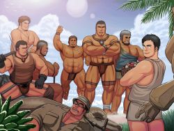 Rule 34 | 6+boys, abs, beach, body hair, bulge, crotch, food, looking at viewer, male focus, mori take, multiple boys, muscular, nipples, original, outdoors, pectorals, topless male