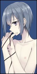 Rule 34 | androgynous, black border, blue background, blue hair, border, gender request, nude, purple eyes, short hair, simple background, solo, takeuchi aya