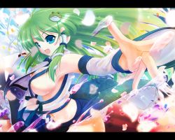 Rule 34 | 1girl, :d, armpits, bare shoulders, blue eyes, breasts, cherry blossoms, detached sleeves, female focus, foreshortening, frog, frog hair ornament, gohei, green hair, hair ornament, kochiya sanae, large breasts, letterboxed, long hair, midriff, navel, no bra, oonusa, open mouth, outstretched arms, porurin (do-desho), see-through, sideboob, smile, snake, solo, spread arms, touhou, wallpaper