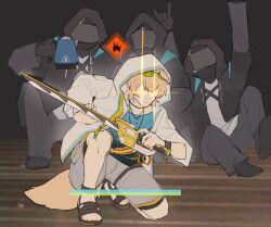 Rule 34 | 1boy, 3others, animal ears, arknights, black coat, black footwear, blonde hair, blue shirt, brown footwear, chinese commentary, closed mouth, coat, commentary request, doctor (arknights), dog ears, dog holding sword (meme), dog tail, electric kettle, eyewear on head, facing viewer, gameplay mechanics, glint, grey pants, grey shorts, highres, holding, holding kettle, holding sword, holding weapon, hood, hooded jacket, jacket, kettle, male focus, meme, multiple others, pants, sandals, shirt, shoes, shorts, sword, tail, tequila (arknights), weapon, white jacket, wristband, zhizhangsiyin