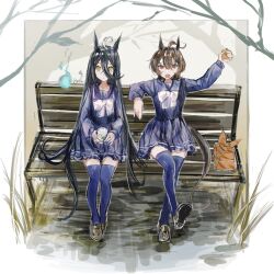 Rule 34 | 2girls, agnes tachyon (umamusume), ahoge, animal ears, bare tree, bench, bento, black hair, blue shirt, blue skirt, blue thighhighs, bow, bowtie, brown footwear, closed mouth, commentary request, cup, fire, full body, hair between eyes, hand up, highres, holding, holding cup, horse ears, horse girl, loafers, long hair, manhattan cafe (umamusume), multiple girls, open mouth, pleated skirt, pomopomoinu, red eyes, shirt, shoes, skirt, teacup, thighhighs, tree, umamusume, very long hair, white bow, white bowtie, yellow eyes