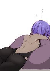 Rule 34 | 1girl, armpits, ass, back, backless outfit, bare back, bare shoulders, breast press, breasts, cushion, dark-skinned female, dark skin, fate (series), from behind, hassan of serenity (fate), i.u.y, profile, purple hair, revealing clothes, short hair, shoulder blades, sideboob, simple background, skin tight, small breasts, solo, translated, white background