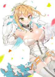 Rule 34 | 10s, 1girl, :d, bare shoulders, belt, belt buckle, blonde hair, blush, breasts, bridal veil, buckle, chain, collar, cowboy shot, detached collar, detached puffy sleeves, detached sleeves, eyebrows, fate/extra, fate/extra ccc, fate (series), flower, flower wreath, garter straps, gloves, green eyes, hair between eyes, hair intakes, hands up, head wreath, heart, heart-shaped pupils, highleg, highleg leotard, juliet sleeves, koba, large breasts, legs together, leotard, lock, long sleeves, looking at viewer, medium breasts, nero claudius (bride) (fate), nero claudius (bride) (second ascension) (fate), nero claudius (fate), nero claudius (fate) (all), open mouth, padlock, padlocked collar, puffy sleeves, shiny skin, short hair, sidelocks, smile, solo, strapless, strapless leotard, symbol-shaped pupils, thigh gap, veil, waist cape, white flower, white gloves, white leotard, wide sleeves, zipper