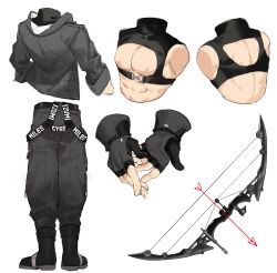 Rule 34 | 1boy, abs, absurdres, alternate costume, arrow (projectile), bara, belt, bird, bow (weapon), chest harness, costume chart, eagle, eddie (gyee), equipment layout, fingerless gloves, full body, gloves, gondom, gyee, harness, highres, jacket, large pectorals, male focus, multiple views, muscular, navel, nipples, pants, pectorals, shoes, short hair, topless male, torso, weapon, weapon on back, white background