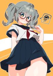Rule 34 | 1girl, :&lt;, absurdres, alternate costume, blush, cinderella (vocaloid), cowboy shot, from below, glasses, hair between eyes, hatsune miku, highres, looking at viewer, neckerchief, playing with own hair, red neckerchief, school uniform, serafuku, shiny skin, simple background, solo, speech bubble, spoken squiggle, squiggle, standing, thick thighs, thighhighs, thighs, twintails, uruti 2388, vocaloid, yellow background
