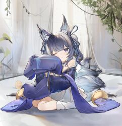 Rule 34 | 1girl, absurdres, aged down, animal ears, armpit crease, azur lane, bare shoulders, blue eyes, blue hair, blue kimono, blue ribbon, child, closed mouth, commentary request, curtains, detached sleeves, flantia, fox ears, fox tail, from side, full body, hair ribbon, highres, hugging object, japanese clothes, kimono, kitsune, kyuubi, light smile, long sleeves, looking at viewer, manjuu (azur lane), multiple tails, one eye closed, pillow, pillow hug, pleated skirt, ribbon, shinano-chan (azur lane), sitting, skirt, solo, tabi, tail, two side up, wariza, white skirt, wide sleeves, window