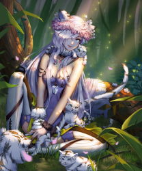 Rule 34 | 1girl, animal, animal ears, animal on lap, armlet, blue eyes, boots, breasts, cleavage, closed mouth, dappled sunlight, detached collar, flower, forest, fur trim, glint, grass, hair over one eye, head wreath, highres, jewelry, knee up, large breasts, light rays, long hair, looking at viewer, nature, necklace, on ground, on lap, one eye covered, original, pendant, petals, pink flower, qi kou, sitting, smile, solo, sparkle, strapless, sunlight, tail, thigh boots, thighhighs, tiger, tiger cub, tiger ears, tiger tail, tree, very long hair, white footwear, white hair, white tiger, wrist cuffs