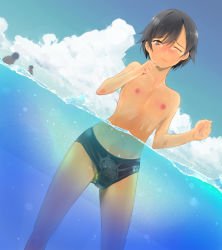 Rule 34 | 1girl, androgynous, artist request, bad id, bad pixiv id, bestiality, black male swimwear, black swim briefs, character request, copyright request, feet out of frame, flat chest, interspecies, male swimwear, nipples, partially submerged, reverse trap, sea cucumber, swim briefs, swimsuit, tomboy, water