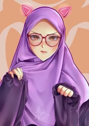 Rule 34 | 1girl, animal ears, brown eyes, cat ears, cat girl, dress, female focus, glasses, hijab, pout, purple dress, signature, simple background