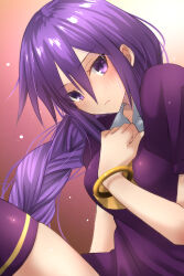 Rule 34 | 1girl, blush, braid, braided ponytail, breasts, closed mouth, commentary request, hair between eyes, hand on own chest, highres, long hair, looking at viewer, medium breasts, melty blood, puffy short sleeves, puffy sleeves, purple eyes, purple hair, purple thighhighs, short sleeves, sion eltnam atlasia, solo, thighhighs, tsukihime, vent vert (kuuya), very long hair